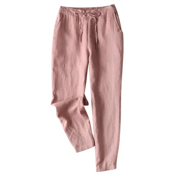 Голям размер 5XL, памучни ленени панталони за жени, свободни удобни зреещи с еластична гумена лента за кръста, ежедневни панталони, тънки скъсяване на панталон-молив