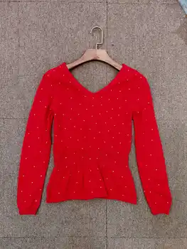 Нова дамски дрехи за пролетта и лятото на 2023, пуловер с кристали отпред и отзад, възли вълнени блузи с V-образно деколте 0308