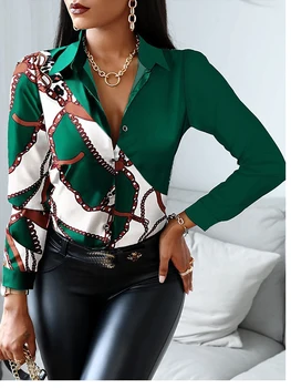 Дамска блуза с дълъг ръкав и принтом, отложной яка, копчета с елегантна риза, дамски офис облекло, пролет