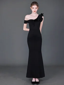 Черна Вечерна Рокля по рамото за банкет висок клас Grand Секси Slim Fit Fishtail Host Dress-Секси дълга рокля