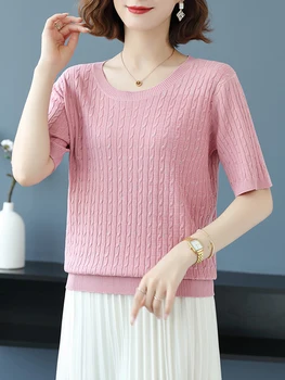 Жена пуловер, пуловери, Летни дрехи за жени, със скъсен покрив, ежедневни трикотажная тениска, обикновена тениска с кръгло деколте и къси ръкави
