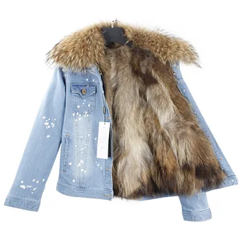 MaoMaoKong/ нова ежедневни зимно яке, дамски дънкови яке с дупки, меховое палто, подплата от естествена кожа на миеща мечка, парка с яка от естествена кожа на миеща мечка