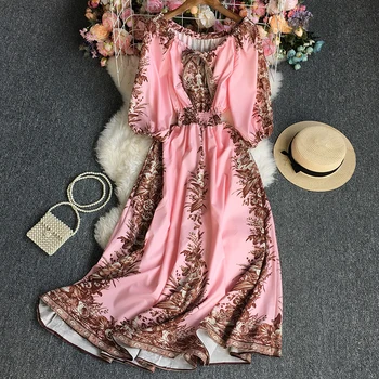 Винтажное рокля, Дамски дрехи, Пролет-лято, Мода Елегантни Рокли със Средна дължина, с кръгло деколте и Принтом за Жени 2023