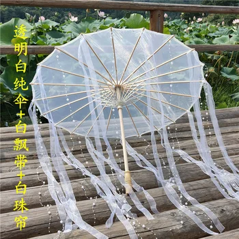 Снимки на декоративен чадър феи Ханфу, подпори за костюми, Древен чадър с предното стримером, Древен прозрачен древен чадър от слънцето