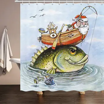 Забавна Коледна завеса за душ за баня, Дядо Коледа, рыбачащий на лодка, Коледна живопис, акварел