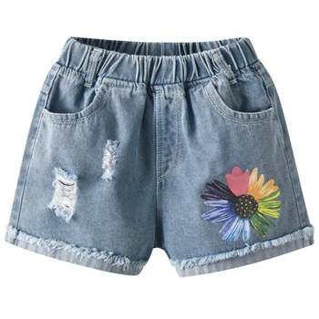 Летни панталони за момичета, къси дънкови мини-панталони с цветен модел маргаритки за деца 1-7 години, ежедневни градинска дрехи за малки деца
