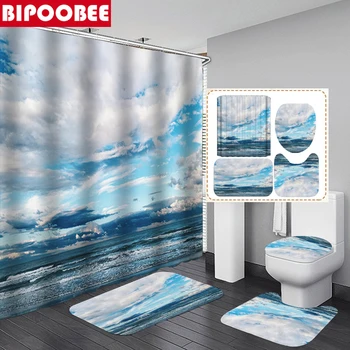 Модерна океанская живописна завеса за душ, Синьо небе и бели облаци, морски завеси за баня, килим за баня, капака на тоалетната чиния, нескользящий килим
