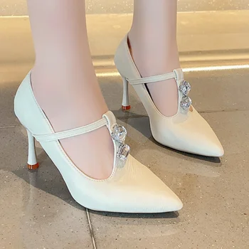 Дамски сандали с кристали, дамски обувки на висок ток-висок ток с остър пръсти, новост 2023 г., булчински обувки-лодка Фея Помпа, женски Zapatos