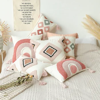 Калъф за възглавници в стил бохо, розови възглавница с геометрични бродерии, и пискюли, декоративна калъфка за дневна в стил Ins