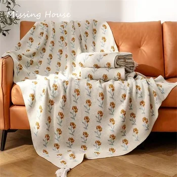 Луксозно Вязаное одеяло в стил бохо с цвете жълта роза и пискюли, одеало, покривка, калъф за дивана, покривки за легла за почивка, покривки