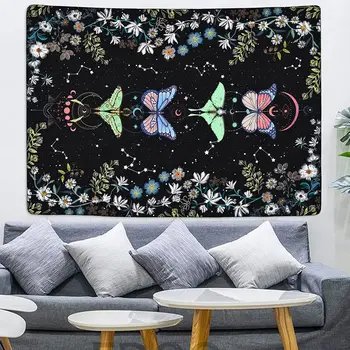 Гоблен с пеперуди в стил бохо, гоблени с цветя и Луната, естетичен стенен ретро растителен гоблен за спални, хол, общежития