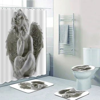 Ретро комплект завеси за душ с ангелочками и крила, детски Пердета за баня с херувимчиками, сладки Ангели-купидоны, постелки за баня, постелки за декор