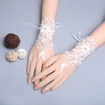 ST23/Дължина 20 см, бели дантелени ръкавици с кристали, ръкавици без пръсти, сватбени ръкавици без пръсти, дантелени ръкавици с мъниста, сватбена двойка