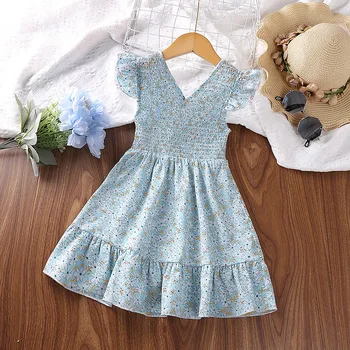 Ежедневното детско парти за момичета, лятото е Новост 2023 г., Синя рокля на принцеса трапецовидна форма с флорални принтом за деца, Модни Детски дрехи от 2 до 8 години