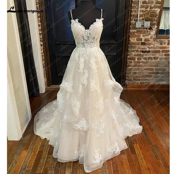 Романтична сватбена рокля с волани 2023, апликация с V-образно деколте, сватбени рокли трапецовидна форма с отворен гръб, голям размер на поръчка