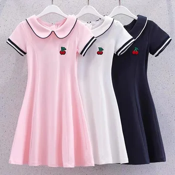 Корейската детски дрехи 2023, Лятно Черешово рокля с бродерия за Малки момичета, Сладък японски рокли Kawaill 2, 3, 4, 5, 6, 7 години