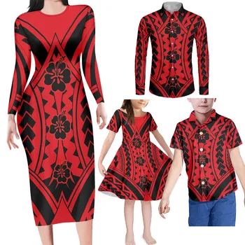 HYCOOL Червена парти в стил полинезийски племена, 4 бр., е един и същ дрехи за семейството, лятна рокля 