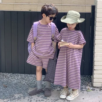Детски дрехи за братя и сестри, Летен комплект от две части с къс ръкав за момчета + Шорти, Защитно рокля в лилаво райе за момичета, Детски Дрехи За момичета и момчета
