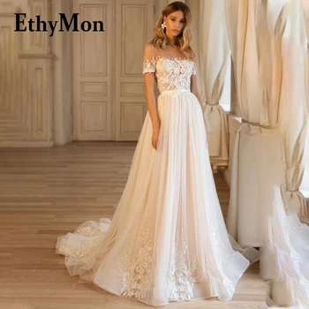 Сватбена рокля Ethymon с деколте лодка 2023, сватбена рокля с влак, копчета и къс ръкав, трапециевидные апликации, Vestidos De Новия, сшитое по поръчка