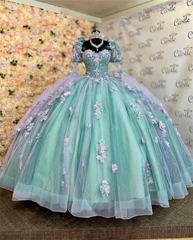 Буйни рокли принцеса ANGELSBRIDEP с пищни ръкави, дантелено бална рокля с 3D цветове, рокля за рожден ден, расшитое мъниста, сладки 16 рокли