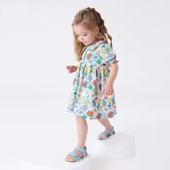 Лятна новата европейска и американска детски дрехи с цветен модел и модел на животните, памучно сладка рокля с къси ръкави за момичета