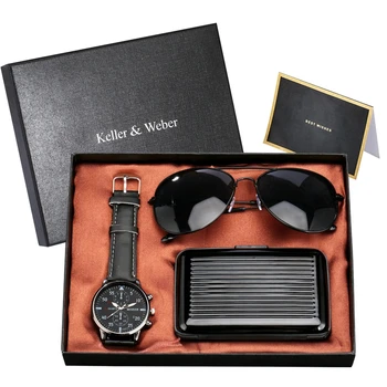 Уникален подарък за мъже, декоративен кожена каишка с допълнителен циферблат, на аналогови кварцови часовници, стръмни слънчеви очила с калъф-притежател на кредитна карта