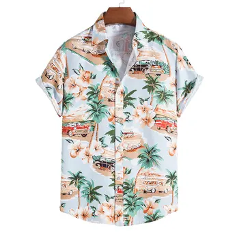 Лятна мъжка риза 2023, Ежедневни мъжки хавайски мека риза с принтом кокосов орех, плажна риза с къс ръкав, топ за мъже и жени, най-5XL