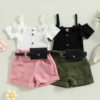 Комплект от модни шорти за момичета, тениска с къс ръкав и подвернутым подолом, шорти, поясная чанта, лятна ежедневни облекла от три елемента