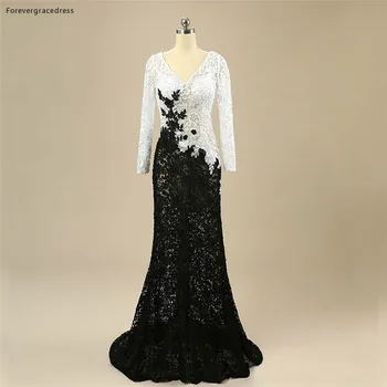 Черно-бяла вечерна рокля с високо качество свързани с V-образно деколте и дълги ръкави-секси вечерна рокля