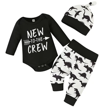 Облекло за новородени момчета, гащеризон с дълъг ръкав + Панталони с принтом динозавър + шапка, Комплект дрехи за бебета, 3 бр.