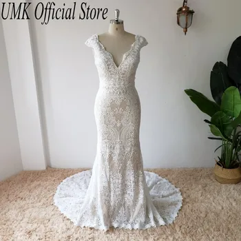 UMK Винтажное сватбена рокля в бохемски стил с дантела на Русалка с Къс ръкав и отворен гръб, секси сватбени рокли в стил бохо