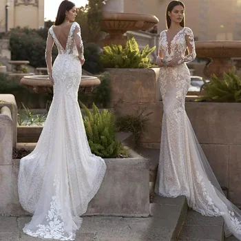 Луксозна Сватбена рокля на Русалка с кружевными апликации и пайети, V-образно деколте, дълъг ръкав, панделка отзад на роклята на булката, Vestidos De Noiva