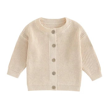 Вязаный жилетка за малки момичета, Пуловер с дълъг ръкав и копчета, обикновена възли блузи, плетива, есенно-зимни дрехи