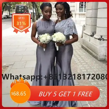Рокли за шаферките в африканския стил големи размери, дълго сиво сватбена рокля за жените, дантелени рокли на шаферките с апликации