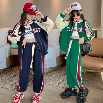Корейски комплекти дрехи за момичета, Бейзболна яке + Широки спортни панталони, комплект от 2 теми, Детски дрехи, Костюм за по-големите момичета от 6 до 14 години