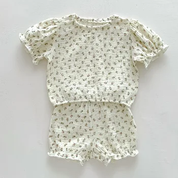 Летни Дрехи за новородени момичета, памучен тениска с къси ръкави и принтом + шорти, комплект дрехи за новородени момичета