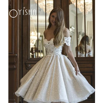 Къси булчински рокли Oyisha с пайети, с открити рамене, Елегантни дамски рокли сватба, лейси апликация, блестяща рокля на принцеса, Vestido De Новия 2023