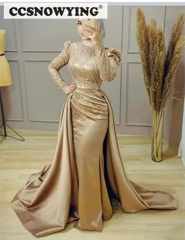 Мюсюлманската вечерна рокля цвят шампанско с дълъг ръкав, сатен апликации вечерна рокля за бала, Арабски кафтан в Дубай, ислямска роба, за да си официална pm