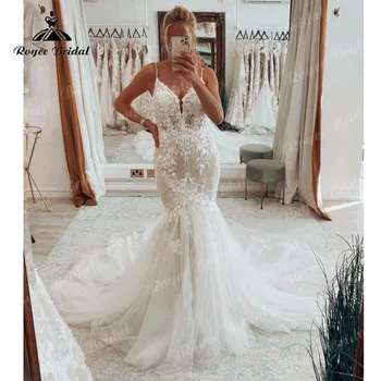 Очарователно дантелено сватбена рокля на Русалка с V-образно деколте, открита на въртене, апликации от спагети презрамки-спагети, сватбена рокля-тромпет 2023, секси халат mariée sirene