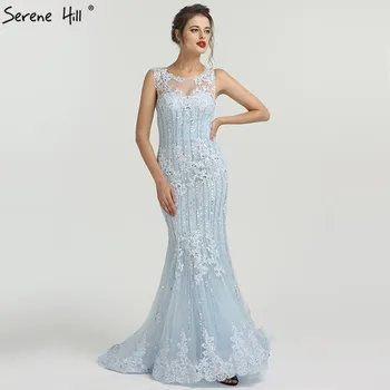 Светло сини луксозни вечерни рокли, с кръгло деколте, дълга секси дантелени вечерни рокли с кристали и пайети, 2023 Serene Hill LA6455