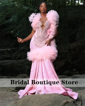 Луксозно блестяща розова рокля на Русалка за бала с пайети, кристални кристали, рюшами от мъниста, вечерна рокля за парти, Robe De Бал, сватба
