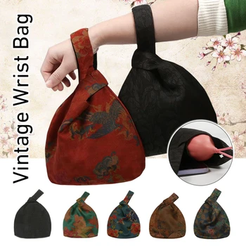 Дамски реколта чанта от естествена коприна тутового цвят с възел на китката, чанта в китайски стил, ретро-портфейл, чанта-тоут, в чантата си за ключове, джоб за телефон