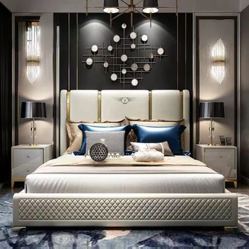 Луксозни Меки Легла, обзаведени с Модерни мебели за спалня, обзавеждане кожено легло Queen-Size
