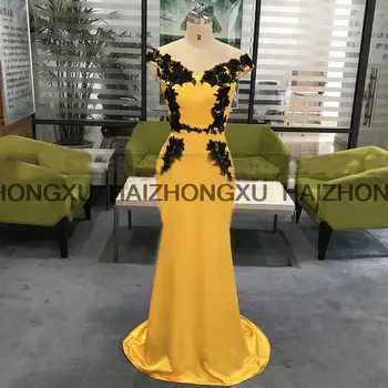 Златисто-жълти Рокли на шаферките в стил Русалка с черни флорални апликации, дълга рокля с открити рамене, реалното изображение, сватбена рокля за парти