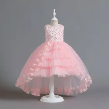 Принцеса рокля с розови листенца за момичета, многослойни дантелени детски рокли за момичета, бродирани с мъниста, Облекла за шаферките, детски дрехи от 3 до 12 години