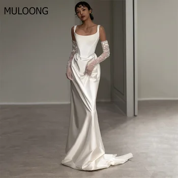 Луксозна Сватбена рокля MULOONG цвят слонова кост с квадратни деколтета и бретельками-спагети, расшитое кристали, с дълъг ръкав, дълги до пода, с влак в сгъвката на