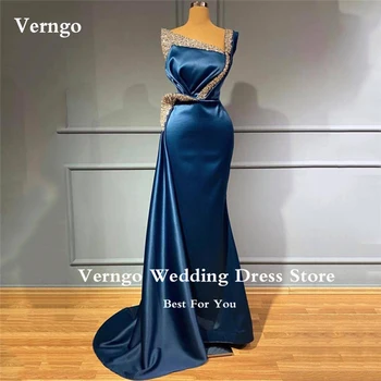Елегантни вечерни рокли Verngo Синьо 2023 Мъниста кристал квадратен силует атлас Русалка Луксозен crystal арабското дълга вечерна рокля