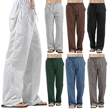 Ленени широки мъжки панталони Нови корейски панталони от ленено платно голям размер Градинска дрехи мъжки весеннелетние панталони за йога Ежедневни дрехи мъжки спортни панталони