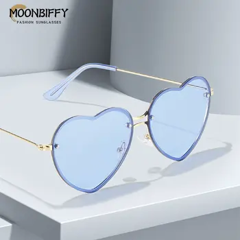 Слънчеви очила Love във формата на сърце, метални дамски маркови дизайнерски модни прозрачни океански лещи без рамки, слънчеви очила Oculos UV400 за пътуване