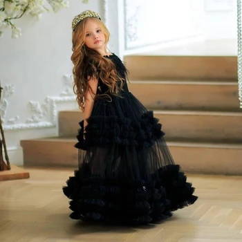 Черна рокля с цветя модел за момичета, набори с открити рамене, расшитый мъниста тюл, детски празнични рокли, детски рокли за абитуриентски бал, рожден ден за момичета